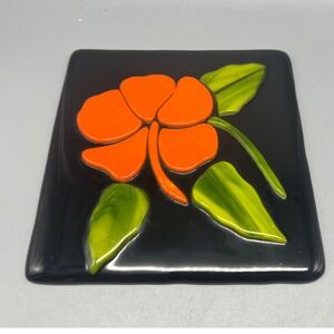 Vintage Art Fused Glass‎ Tile Black w Red Hibiscus Green leaves